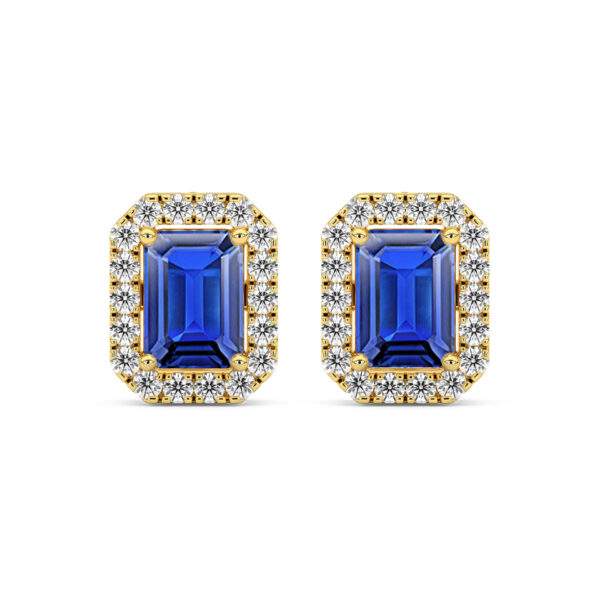 Boucles d'oreilles en or avec pierres précieuses en forme d'émeraude, ornées de saphirs bleus éclatants et de diamants scintillants, parfaites pour les occasions spéciales et le luxe, modèle + diamant.