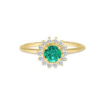 Bague en or avec un diamant central vert émeraude entouré de diamants brillants, modèle floral élégant, parfaite pour une proposition de fiançailles ou un cadeau spécial, bijoux de luxe.