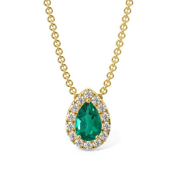 Collier élégant en or avec pendentif en forme de goutte d'eau, orné d'une pierre précieuse verte entourée de diamants scintillants, parfait pour des occasions spéciales ou un cadeau sophistiqué.